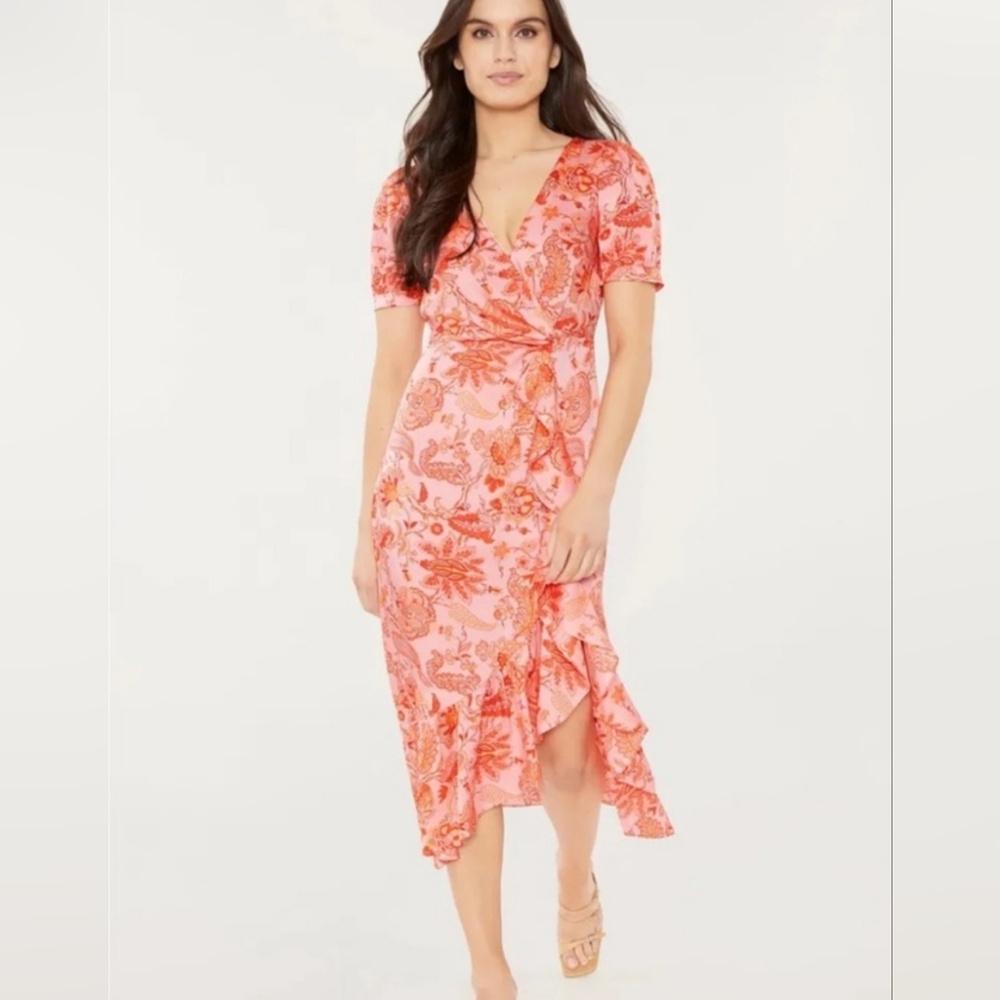 Cinq À Sept Kay Faux Wrap Pink Floral Ruffle Midi Dress Size 0 NWT $395 Romantic